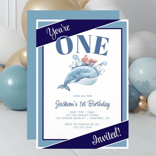 Blauer Wal 1. Geburtstag Party Einladung (Von Creator hochgeladen)