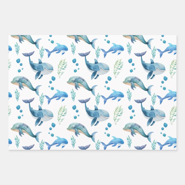 Blauer Wal Aquarellfarben Nahtloses Muster Geschenkpapier Set (Vorderseite)