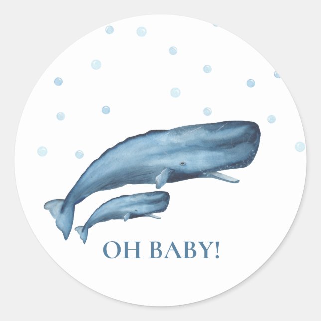 Blauer Wal & Bläschen Ocean Baby Dusche Runder Aufkleber (Vorderseite)