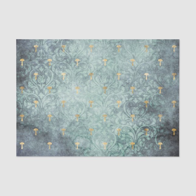 Blauer Wash mit Gold-Pilze Dekoupage Papier (Vorderseite)