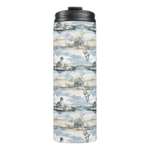 BLAUER WASSERFARBE KÜSTENHÜTTE UND LEICHTHIN THERMOSBECHER