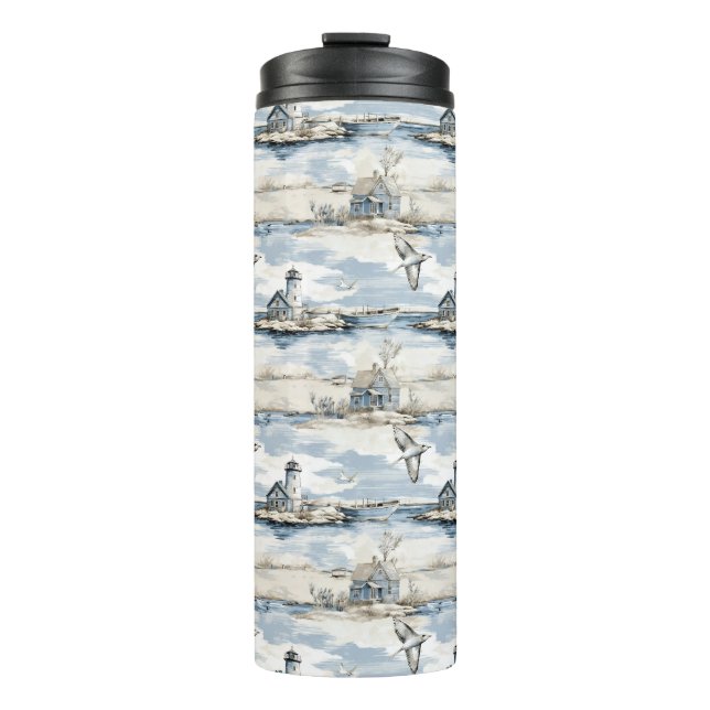 BLAUER WASSERFARBE KÜSTENHÜTTE UND LEICHTHIN THERMOSBECHER (Vorderseite)