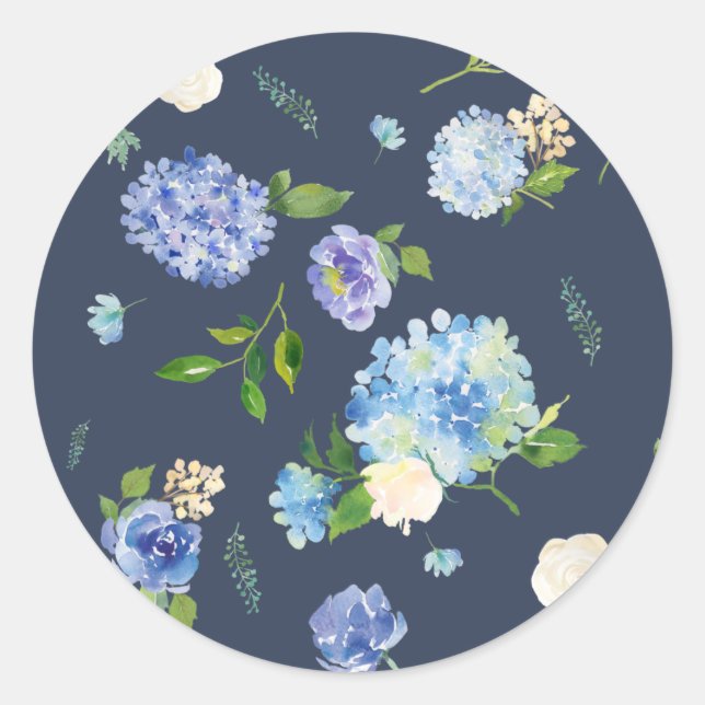Blauer Wasserfarben Hydrangea und Rose Blumenmuste Runder Aufkleber (Vorderseite)