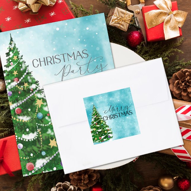 Blauer Wasserfarbenbaum Frohe Weihnachtskugel Quadratischer Aufkleber (Blue Watercolor Tree Merry Christmas Envelope Square Sticker)