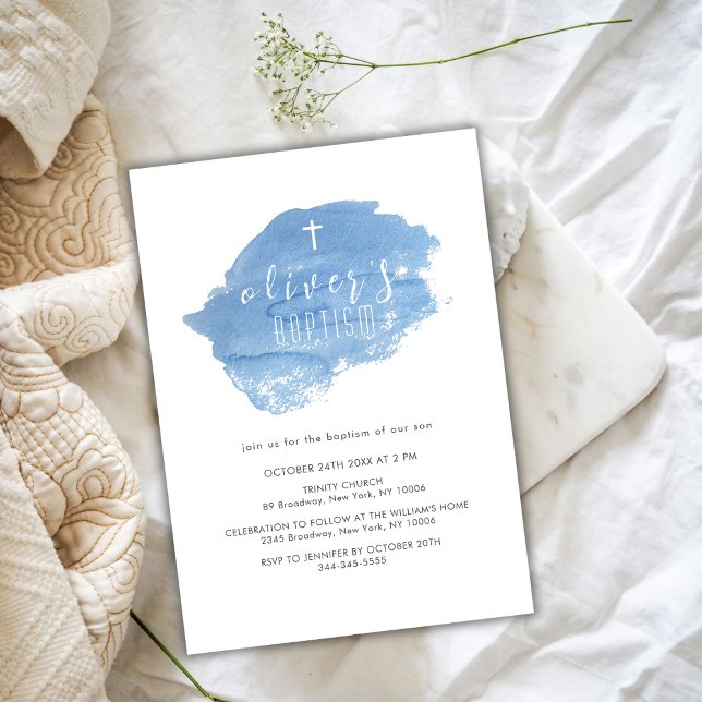 Blauer Wasserfarbenfroh Kreuz Christening Taufe Einladung (Blue Watercolor Blush Cross Christening Baptism Invitation)