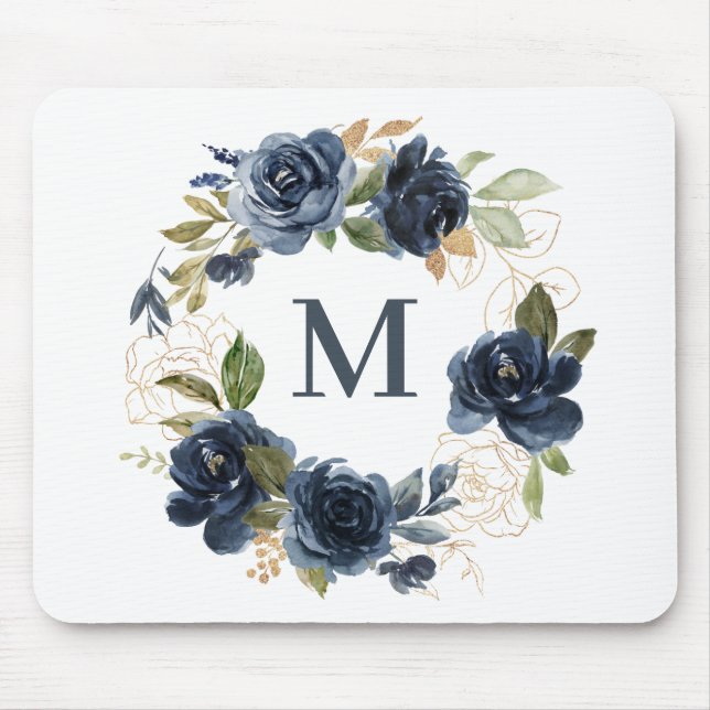 Blauer Wasserfarbenmonogramm für Blumendraht-Rose Mousepad (Vorne)
