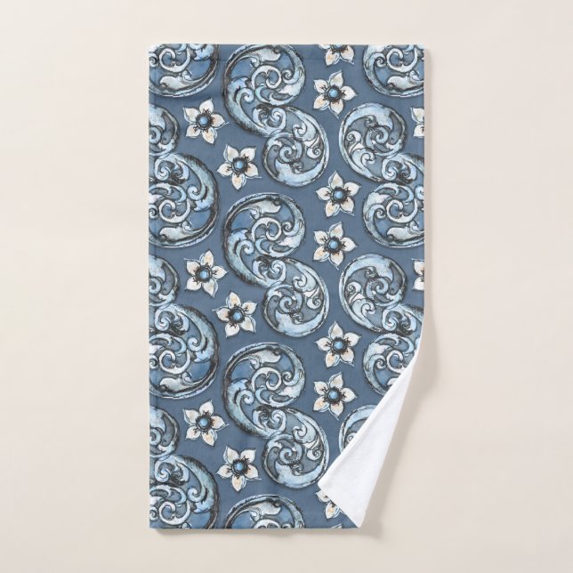 Blauer Wasserfarbenscroll und Blume Handtuch (Handtuch)
