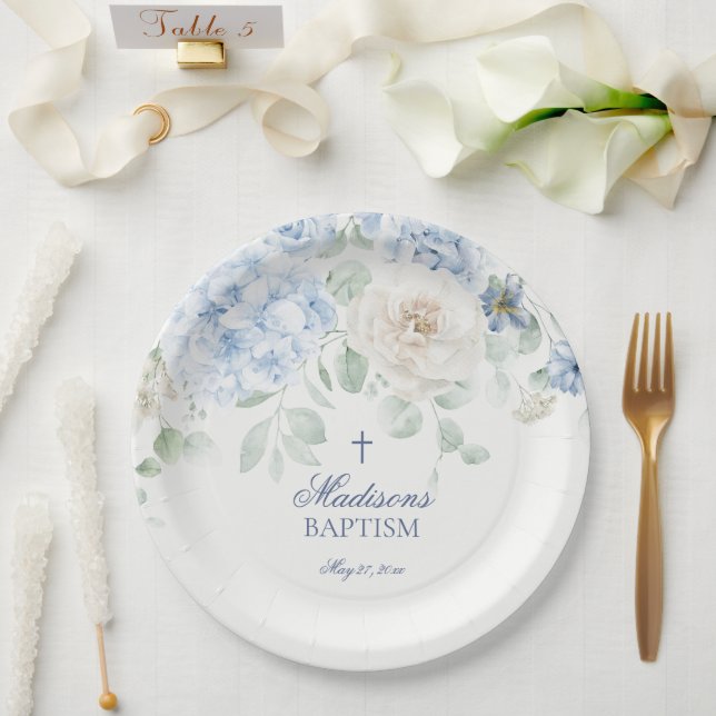 Blauer Wasserhahn Botanische Blüten Taufe Pappteller (Hochzeit)