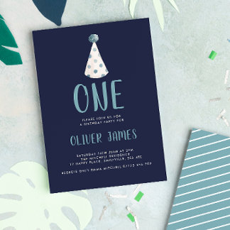 Blauer Watercolor-Party-Hut-1. Geburtstags-Party Einladung