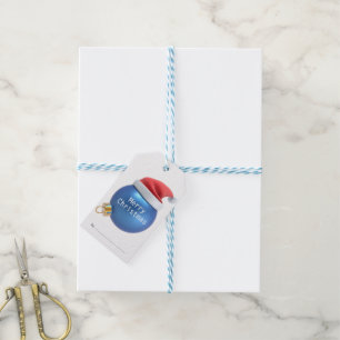 Blauer Weihnachtsball mit Weihnachtsmannmütze Froh Geschenkanhänger