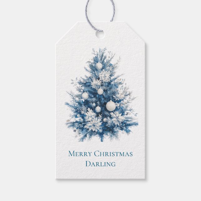 Blauer Weihnachtsbaum Geschenkanhänger (Vorderseite)