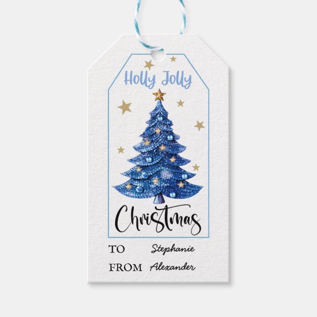 Blauer Weihnachtsbaum Geschenkanhänger (Vorderseite)