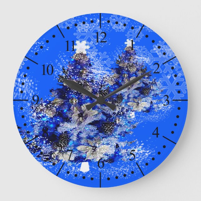 Blauer Weihnachtsbaum Große Wanduhr (Vorderseite)