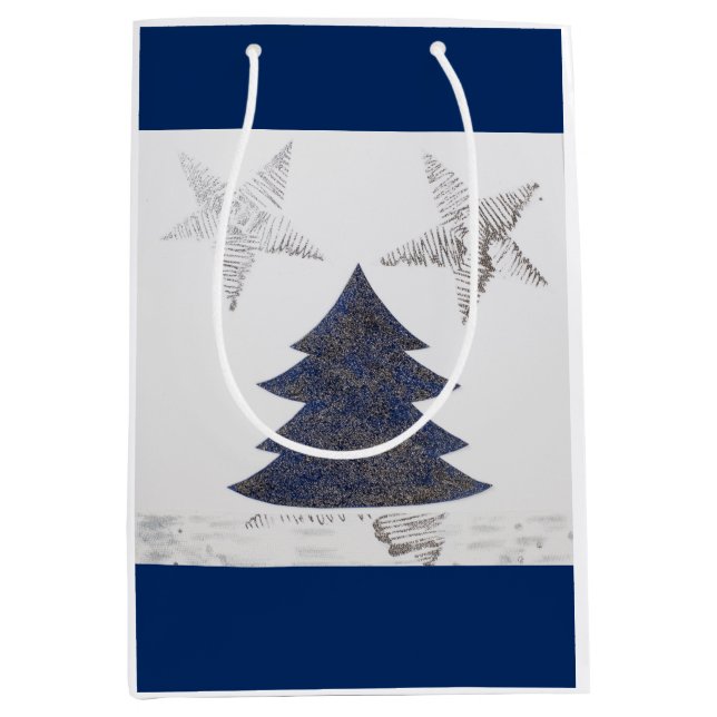 Blauer Weihnachtsbaum mit silberfarbenem Glitzer u Mittlere Geschenktüte (Vorderseite)
