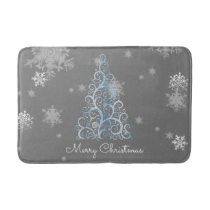 Blauer Weihnachtsbaum und Schneeflocken Bath Mat Badematte