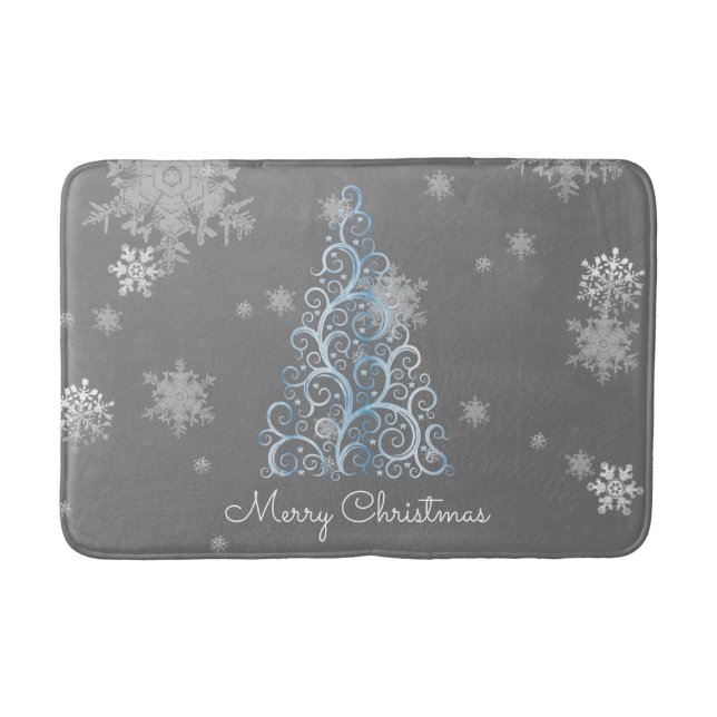Blauer Weihnachtsbaum und Schneeflocken Bath Mat Badematte (Vorderseite)