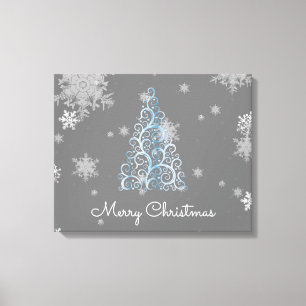 Blauer Weihnachtsbaum und Schneeflocken Canvas Pri Leinwanddruck