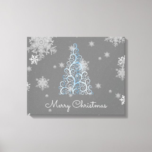 Blauer Weihnachtsbaum und Schneeflocken Canvas Pri Leinwanddruck (Vorderseite)