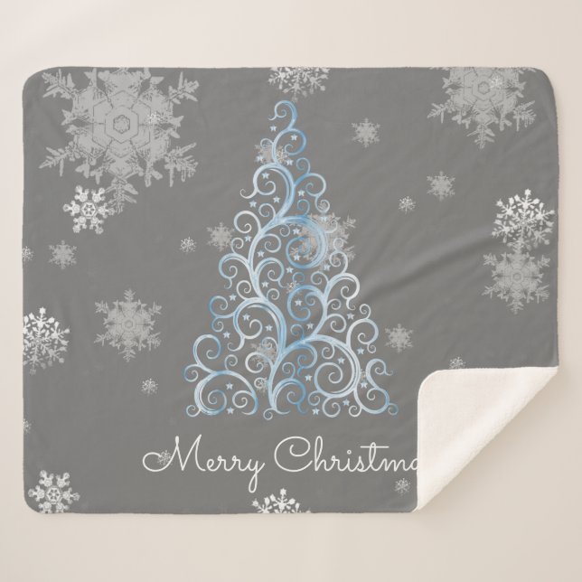 Blauer Weihnachtsbaum und Schneeflocken Sherpa Bla Sherpadecke (Vorderseite (Horizontal))
