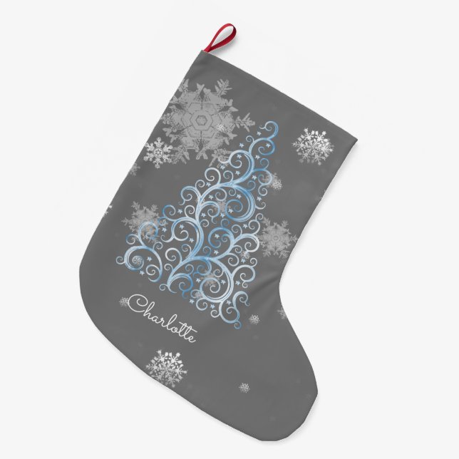 Blauer Weihnachtsbaum und Schneeflocken Strumpf Großer Weihnachtsstrumpf (Vorderansicht (hängend))