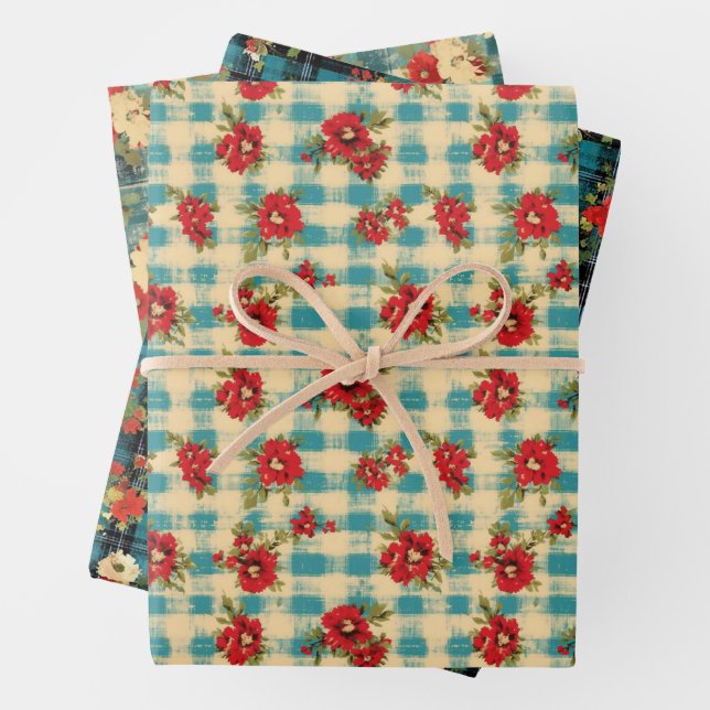 Blauer Weihnachtsgeschmack Karierte Wasserfarbe Fl Geschenkpapier Set (Beispiel)