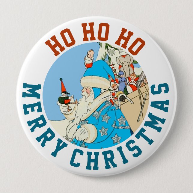 Blauer Weihnachtsmann mit Weihnachtsgeschenken im  Button (Vorderseite)