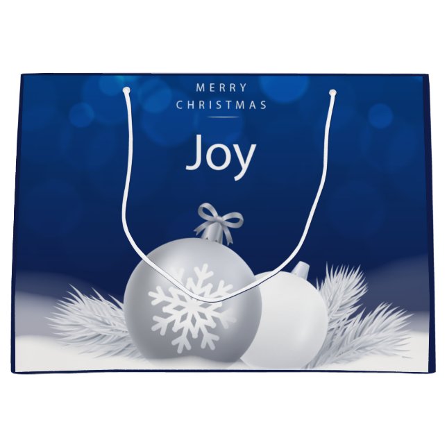 Blauer Weihnachtsschnee baubles joy snowflakes Große Geschenktüte (Vorderseite)