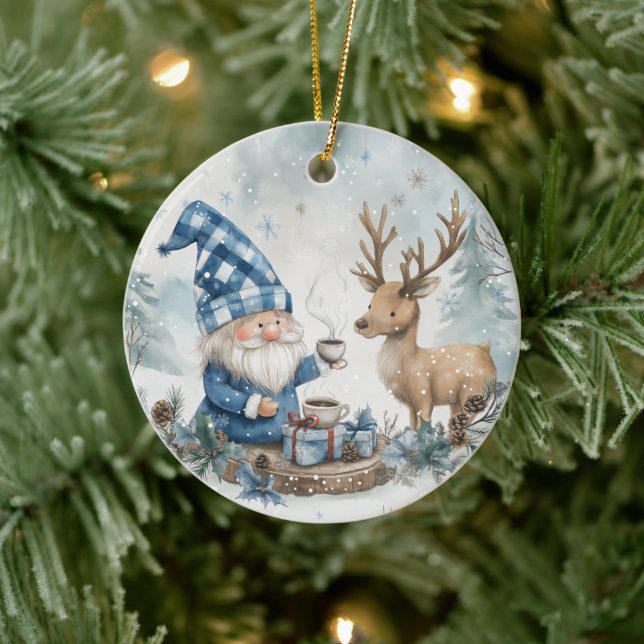 Blauer Weihnachtszwerg  Keramik Ornament (Baum)
