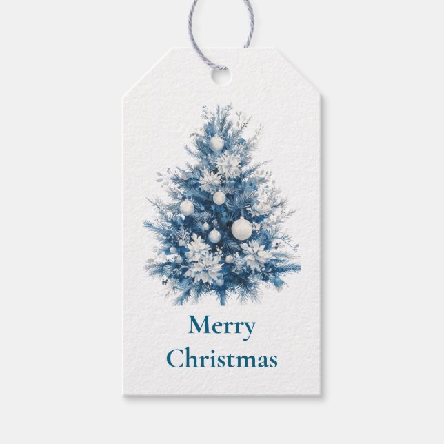 Blauer weiße Weihnachtsbaum Geschenkanhänger (Vorderseite)