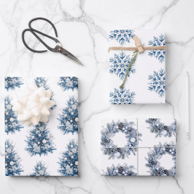 Blauer weiße Weihnachtsbaum Geschenkpapier Set (Vorderseite)