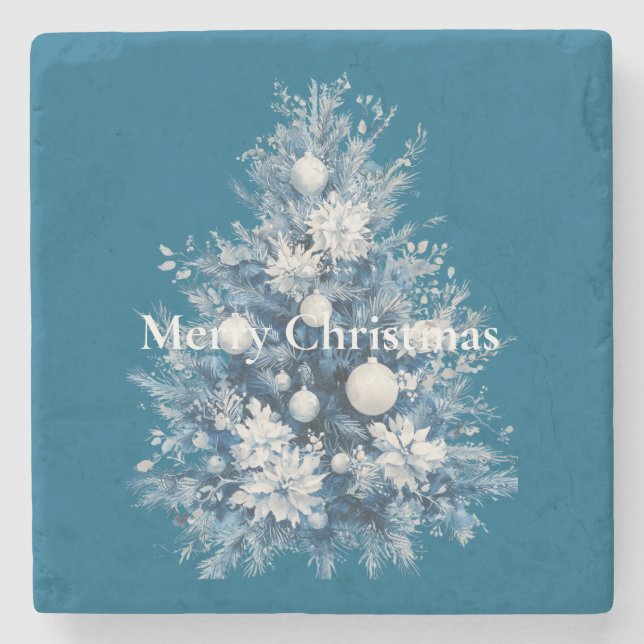 Blauer weiße Weihnachtsbaum Steinuntersetzer (Vorderseite)