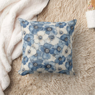 Blauer Weißer Denim Herzstreifen Floral Kissen
