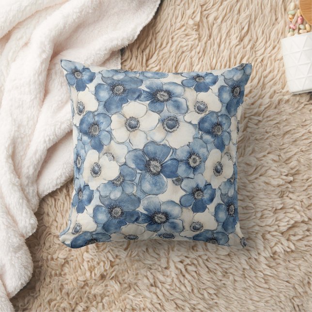 Blauer Weißer Denim Herzstreifen Floral Kissen (Decke)
