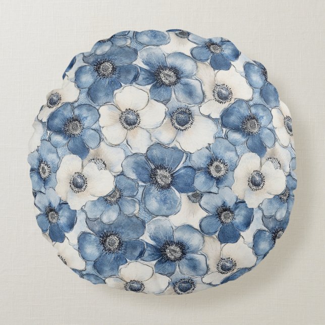 Blauer Weißer Denim Herzstreifen Floral Rundes Kissen (Vorderseite)