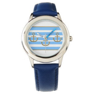 blauer weißer Hintergrund des Goldankers Armbanduhr