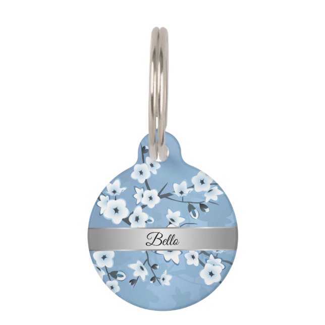 Blauer Weißer Kirschblossom Silver Haustiermarke (Vorderseite)