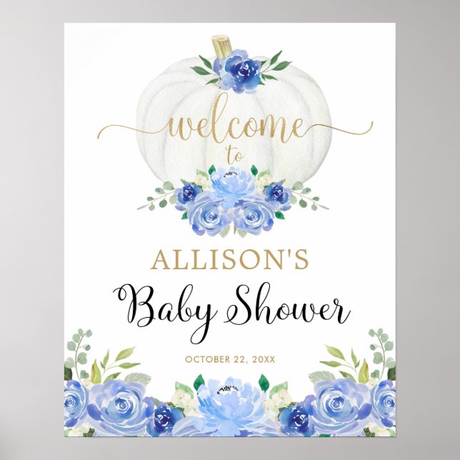 Blauer weißer Kürbis Babydusche Begrüßungszeichen Poster (Vorne)