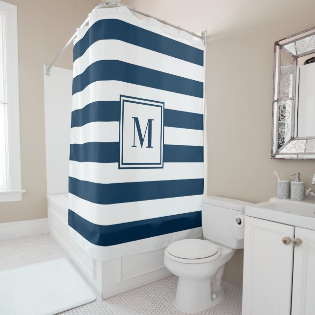 Blauer weißer Rugby Streifen Monogramm Badezimmer Duschvorhang (Beispiel)