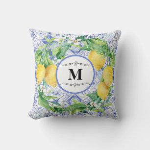 Blauer Weißer Rustikaler Lemon Greenery Wreath Mon Kissen