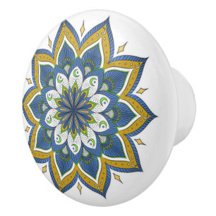 Blauer, weißer und goldener Mandala-Keramik Keramikknauf