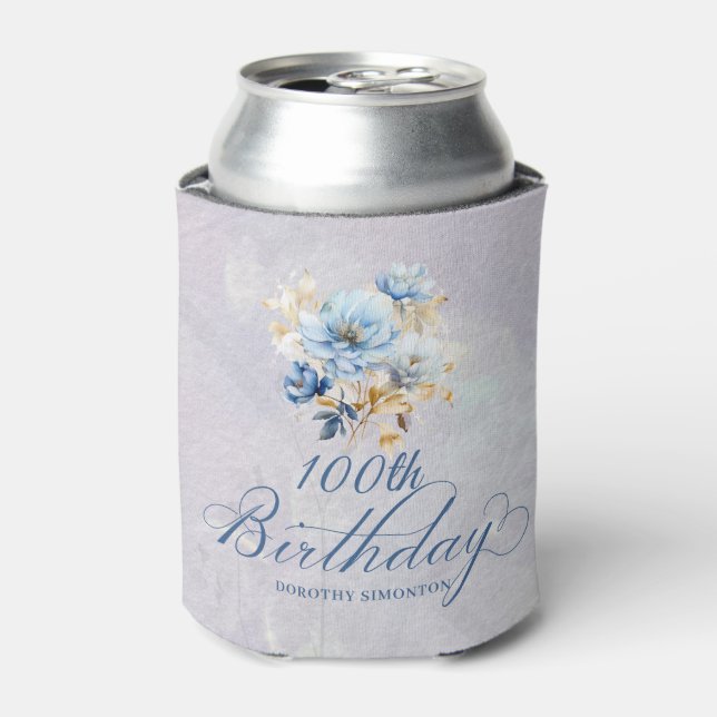 Blauer Weißer Wasserfarben Blütenblume 100. Geburt Dosenkühler (Kanne Vorderseite)