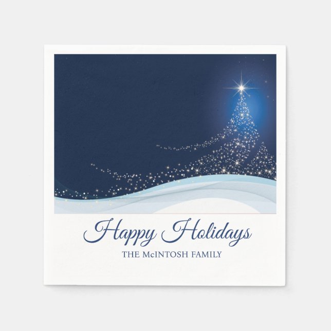 Blauer weißer Winter Schnee Weihnachtsbaum editier Serviette (Vorderseite)