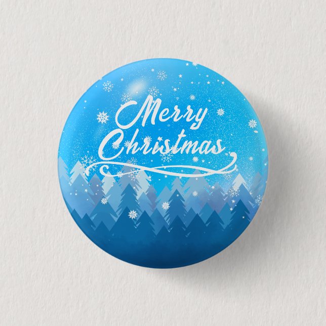 Blauer Weißschnee Friedlicher Wald Frohe Weihnacht Button (Vorderseite)