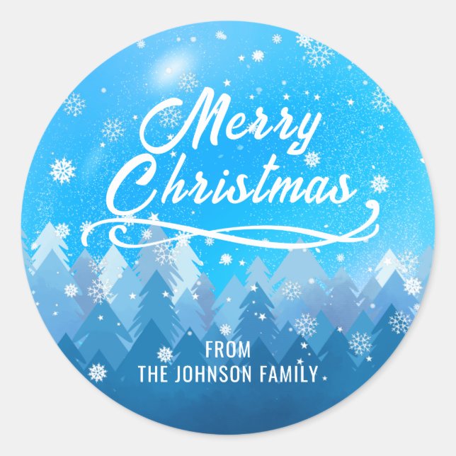 Blauer Weißschnee Friedlicher Wald Frohe Weihnacht Runder Aufkleber (Vorderseite)