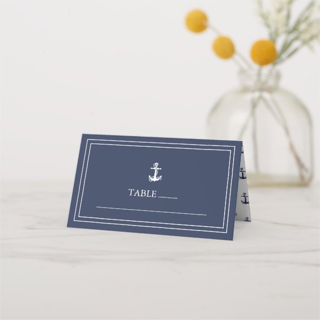 Blauer Wellenanker Muster Hochzeit Welpen/Marine I Platzkarte (Vorderseite)