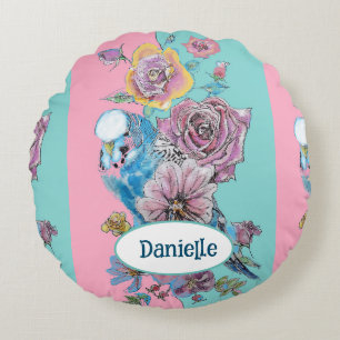 Blauer Wellensittich-Vogel Rose Blumig Rosa Aqua M Rundes Kissen