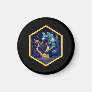 Blauer Werwolf spielt eine goldene Harfe Magnet