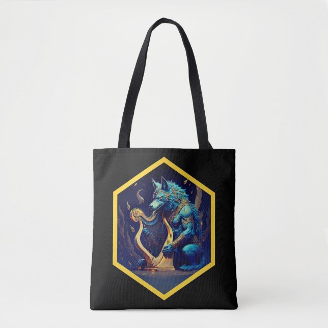 Blauer Werwolf spielt eine goldene Harfe Tasche (Vorderseite)