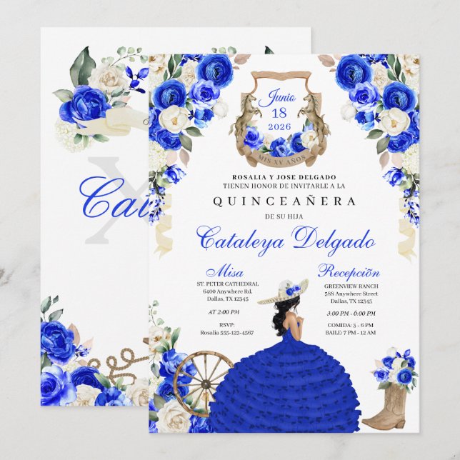 Blauer Western Mariachi Charro Quinceañera Einladung (Vorne/Hinten)