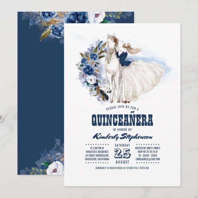 Blauer Western Quinceañera - 15. Geburtstag Einladung (Vorne/Hinten)